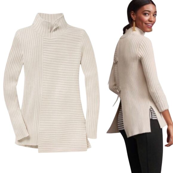 Cabi Asymmetrical D Ring Back Sweater Split Mock Neck Ribbed Pullover Cream XS - Picture 3 of 12